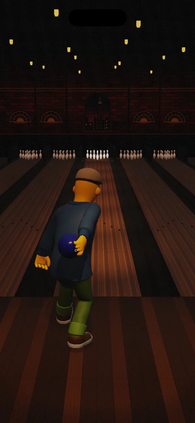 New York bowling hall with brick walls and an after-dark skyline