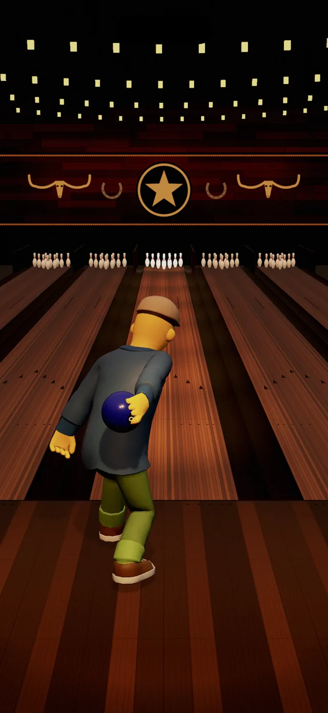 Texas bowling hall with timber lanes, a star, and longhorn signs