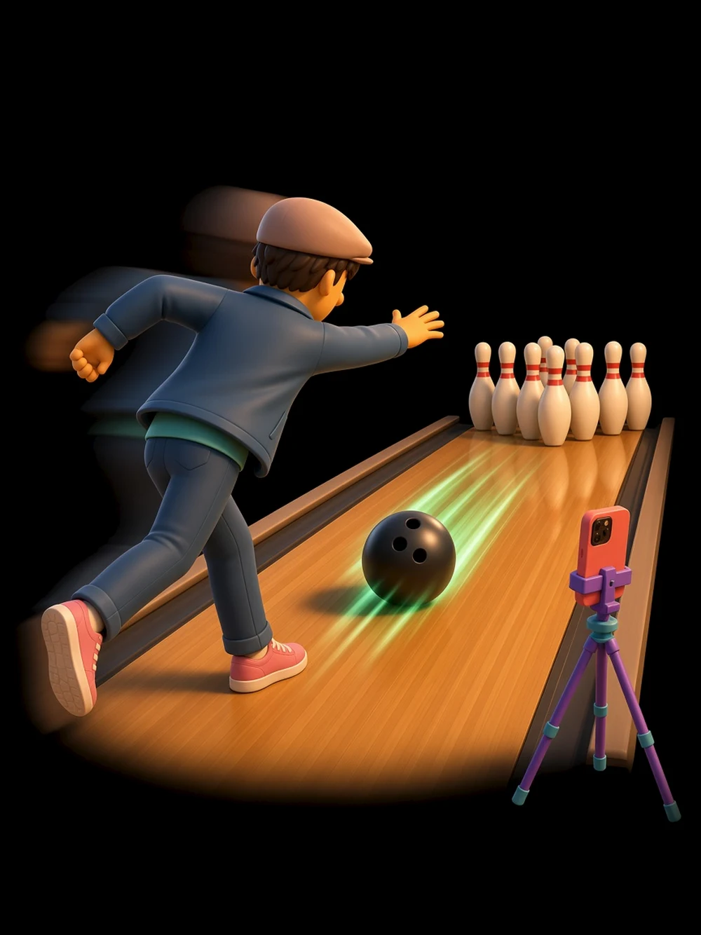 A bowler making an empty-handed delivery while an iPhone tracks the motion