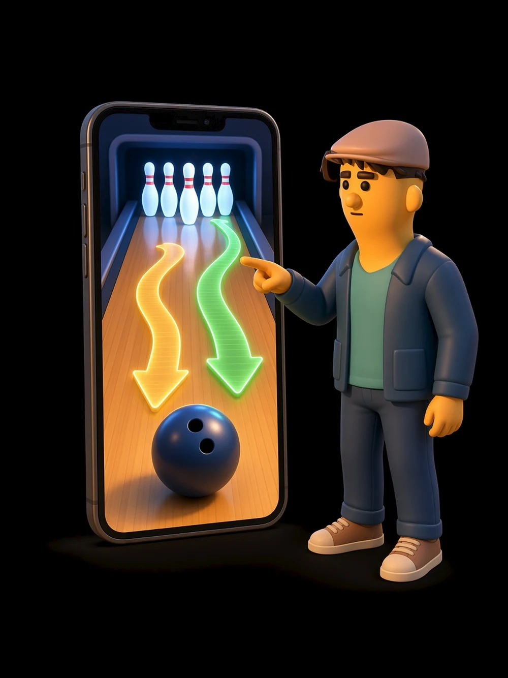 A bowler demonstrating the drag-down and flick-up touch controls on an iPhone